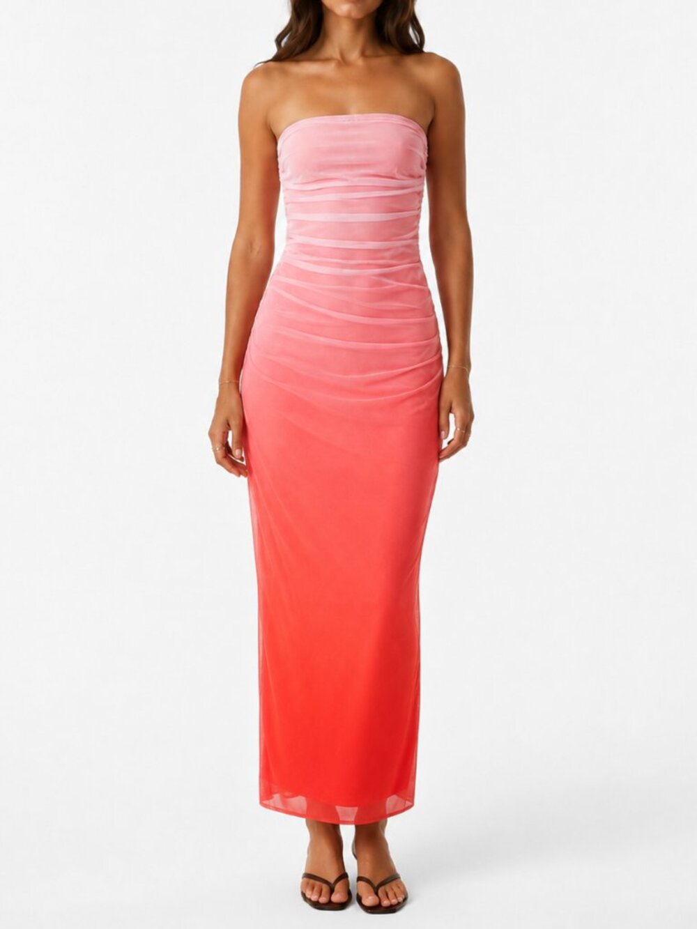 Pink Coral Ombré Strapless Ruched Mesh Maxi Dress